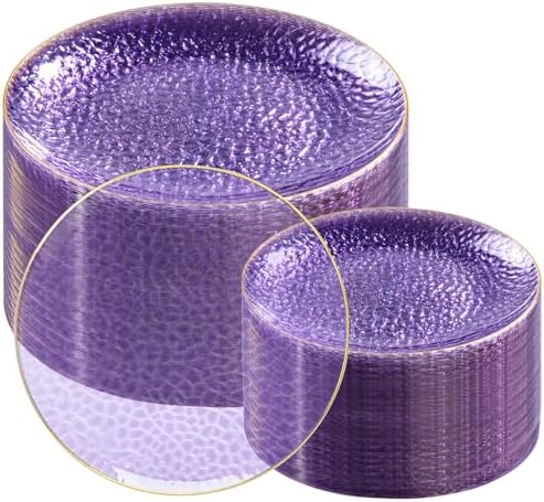 Rubtlamp 100Pcs Purple Gold Plastic Plates, Purple Disposable Plates With Gold Rim, Hammered Plastic plates Include 50 Clear Dessert Platos, 50 Dinner Platos for Party