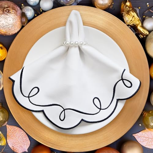 16.5 Inch Ribbon Twirl Embroidery Round Placemats Set of 4, Scalloped Round Table Mats for Party Kitchen Dining Decoration, Navy