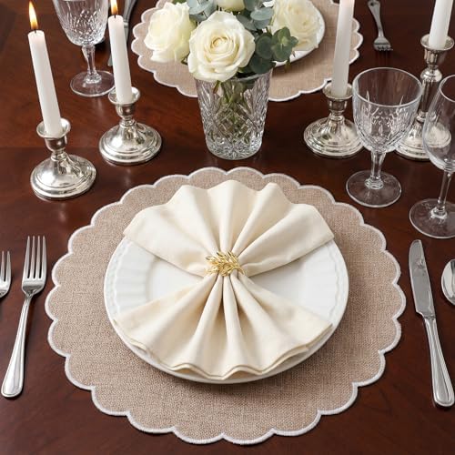Set of 12 Linen Boho Cotton Placemats 15" Round Scalloped White