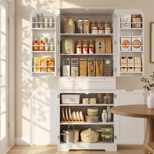 Gizoon Tall Kitchen Pantry Cabinet with Doors and Adjustable Shelves, White