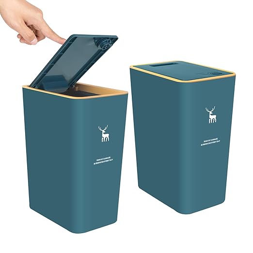 XPIY Trash Can with Lid, 2 Pack 4 Gallons/15 Liters Garbage Can with Press Top, Small Trash Can Dog Proof, Plastic Trash Bin, Waste Basket for Bathroom|Kitchen|Bedroom|Office (2, Green)