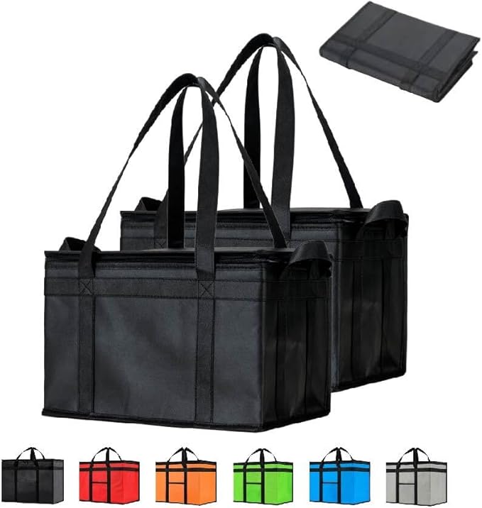 NZ home Insulated Bags for Food Delivery (Large) Grocery Shopping Cooler Bag, Pizza Delivery, Hot & Cold Catering Tote, Reusable, Foldable & Heavy Duty (Black)