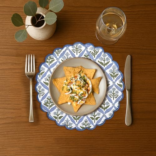 Ridhi Floral Block Print Round Placemats 15 in, Set of 8, Light Steel Blue