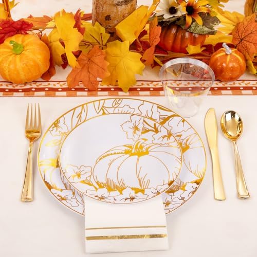 Liacere 175PCS Thanksgiving Plates- Gold Pumpkin Plastic Plates-Thanksgiving Plastic Plates and Napkins Sets Include 50 Plastic Plates,75 Thanksgiving Dinnerware，25 Gold Cups 25 Napkin for Fall Plates