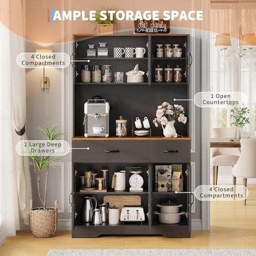IDEALHOUSE 71" Kitchen Pantry Cabinet with Charging Station, Black