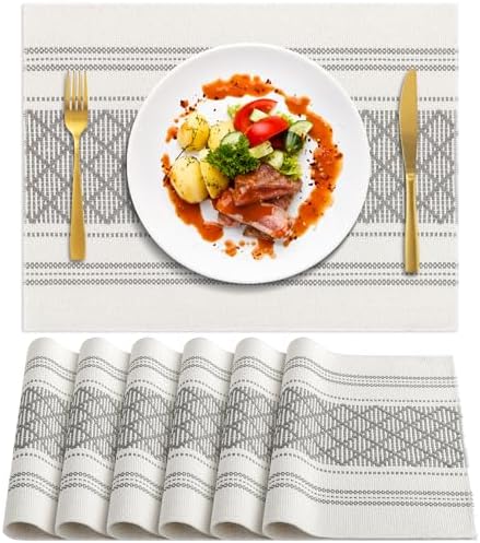ADRIMER Placemats Set of 6, Boho Table Mats Cotton Blend, Durable Cloth Table Placemats Machine Washable, Rustic Place Mats for Dining Kitchen Table, 14 x 18 Inch, Grey