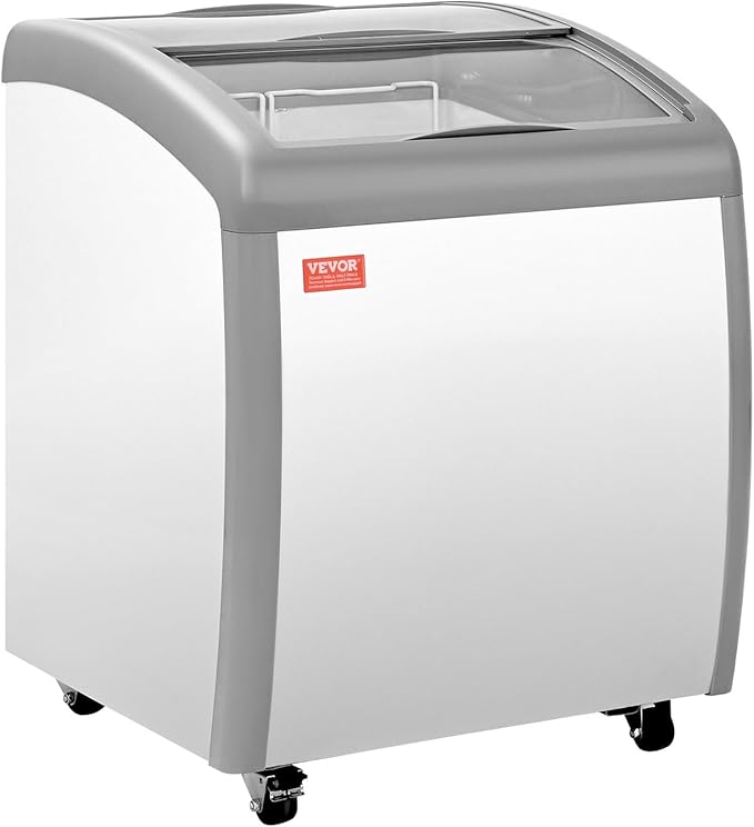 VEVOR Commercial Ice Cream Display Case, 5.4 Cu.ft Chest Freezer, -19 to 3℉ Temp Adjustable Mobile Top Deep Freezer with 2 Wire Baskets, 2 Sliding Glass Doors, Locking Casters & LED Strip Lighting