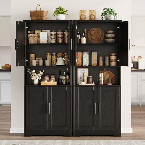 70" Kitchen Pantry Storage Cabinet, Freestanding Buffet Cabinet with Microwave Stand & 4 Door Shelves, Kitchen Hutch with Doors, Adjustable Shelves and Wine Rack, Black.