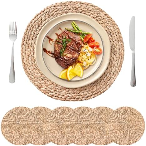 13.8'' Round Woven Placemats Set of 6, Boho Wicker Chargers, Terrekraft