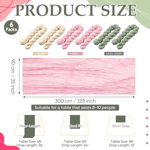 6pcs Sage Green & Pink Cheesecloth Table Runners 118" Boho Gauze