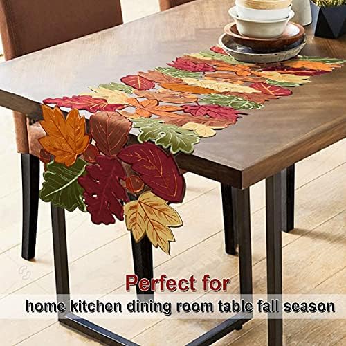 OWENIE Fall Table Runner - Thanksgiving, Farmhouse Embroidered Maple Leaves, 13 x 54 Inch, Orange