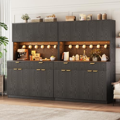 Jocoevol Fluted Kitchen Pantry Storage Cabinet with Charging Station & LED Lights,71" Tall Kitchen Hutch with Microwave Stand, Adjustable Shelves,Storage Doors(Black, 47" W x71 Hx15.7 D)
