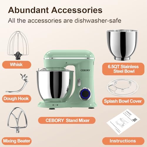 CEBORY 3-IN-1 Electric Stand Mixer, 6.5QT Bowl 660W 10-Speed Kitchen Mixer, Household Food Mixers include Dough Hook, Beater and Whisk, Bread Cake Mixer for Baking and Most Home Cooks, Agave Green