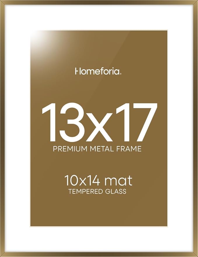 Homeforia 13x17 Picture Frame Bronze, High End Metal 13x17 Brass Poster Frames with Mat 10x14 Photo, 13 x 17 Frame Matted to 10 by 14 inch Print, 17by13 Thin Frames, Tempered Glass, Wall Kit, Set of 1