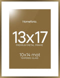 Homeforia 13x17 Picture Frame Bronze, High End Metal 13x17 Brass Poster Frames with Mat 10x14 Photo, 13 x 17 Frame Matted to 10 by 14 inch Print, 17by13 Thin Frames, Tempered Glass, Wall Kit, Set of 1