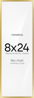 Homeforia 8x24 Panoramic Frame Gold, High End Metal 8 x 24 Picture Frames without Mat, 24x8 Hanging Gold Poster Frames for Wall, 8 by 24 inches Display Photo Frames, Tempered Glass, Wall Kit, Set of 1