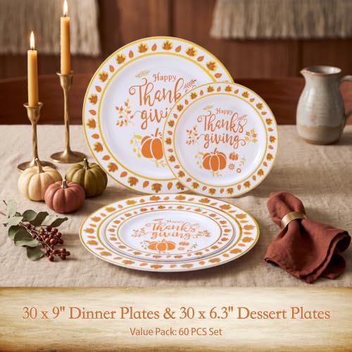 EjonirInjonir 60pcs Premium Thanksgiving Plastic Plates for Friendsgiving