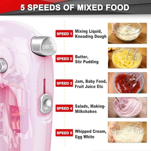 Lord Eagle Hand Mixer Electric Handheld 400W 5-Speed Lightweight, Pink