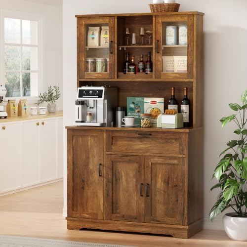 Shintenchi 68" Kitchen Pantry Storage Cabinet, with Microwave Stand, Brown