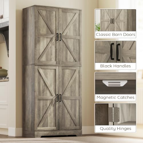 HOMCOM 72" Farmhouse Kitchen Pantry Cabinet, Tall, 4 Barn Doors, Gray Wash