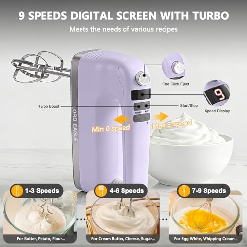 Lord Eagle 9-Speed Digital Hand Mixer Electric Handheld, 500W DC Motor
