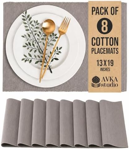 100% Cotton Ribbed Placemats - Set of 8-13 x 19 Inches - Taupe - Everyday Cloth Table Mats - Thick Construction, Washable & Reusable Cloth Place Mats - by AVKA Studio