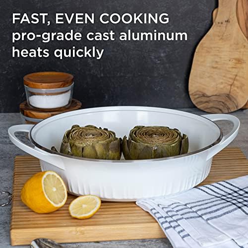 CorningWare QuickHeat 4-QT Cast Aluminum Braiser With Lid, Nonstick Ceramic Interior, Lightweight and Fast Even Heat Baking & Cooking, For Meats, Soup, Browning, Searing, French White