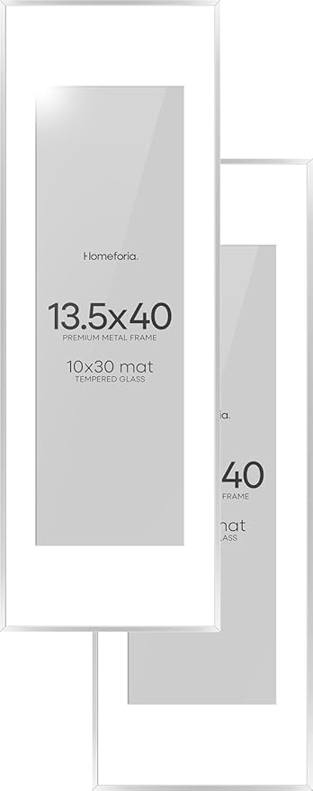 Homeforia 13.5x40 Panoramic Frame Silver, High End Metal 13.5x40 Picture Frames with Mat 10x30 Photo, 13.5 x 40 Poster Frame Matted to 10 by 30 Print, 40x13.5 Frame, Tempered Glass, Wall Kit, Set of 2