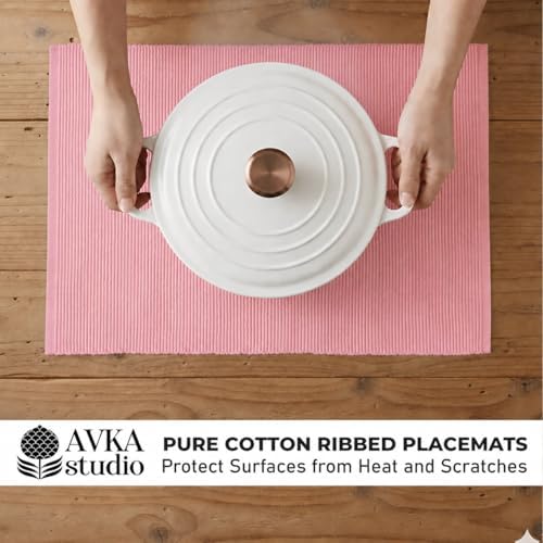 100% Cotton Ribbed Placemats - Set of 4-13 x 19 Inches - Dull Pink - Everyday Basic Cloth Table Mats - Thick Construction, Washable & Reusable Cloth Place Mats - by AVKA Studio