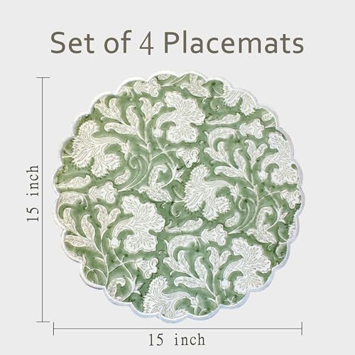 Ridhi Floral Block Print Round Placemats 15 Inch, Set of 4, Sage Green