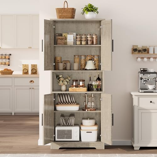 Takywep Modern Tall Freestanding Pantry Cabinet 70", Storage Cupboard with 4 Doors, Adjustable Shelves & Open Shelf, Multipurpose Home Organizer for Living Room, Kitchen, Dining Room, Gray
