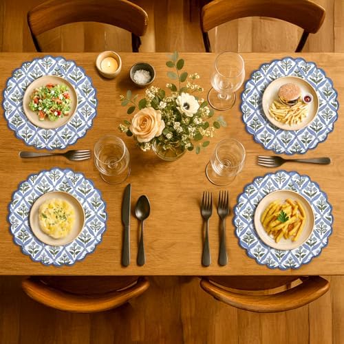 Ridhi Floral Block Print Round Placemats 15 in, Set of 8, Light Steel Blue