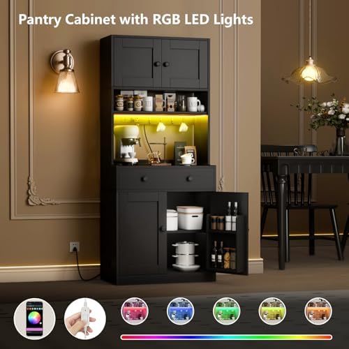71" Tall Kitchen Pantry Cabinet with Microwave Countertop, LED Lights Black