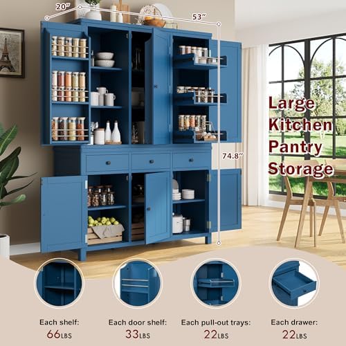 Merax 74.8'' Tall Kitchen Pantry Storage Cabinet with 6 Doors, 3 Drawers and Adjustable Shelves, Freestanding Large Cupboard & Pull-Out Trays for Kitchen, Dining Room, Living Room, Blue