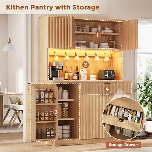 Jocoevol Fluted Kitchen Pantry Storage Cabinet with Charging Station & LED Lights,71" Tall Kitchen Hutch with Microwave Stand, Adjustable Shelves,Storage Doors (Natural, 41 * 71 * 15.7)