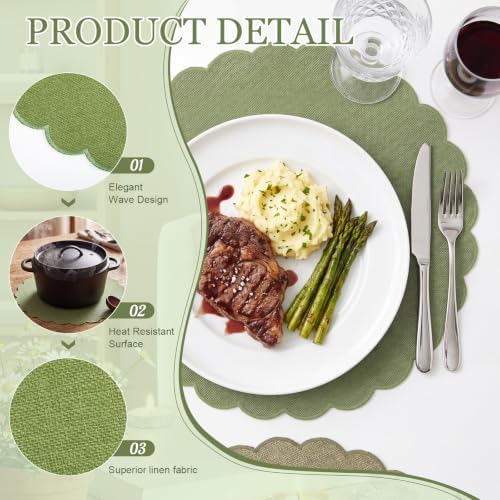 Set of 12 Green Cotton Placemats 15" Round Scalloped