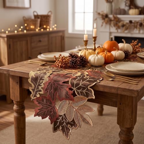 Embroidered Fall Table Runner 13.7 x 68.8 in, Thanksgiving Table Decor