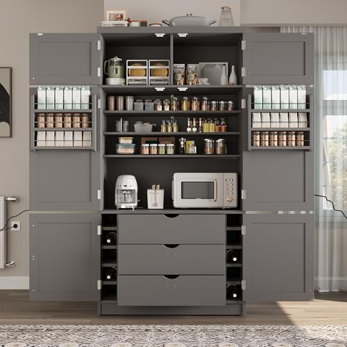 Merax 80" Tall Kitchen Pantry Cabinet with 2 Power Outlets, 41" W Modern Large Freestanding Cupboard with Microwave Stand, Drawers, Adjustable Shelves, Wine Racks & Door-Shelf for Dinner Room, Grey