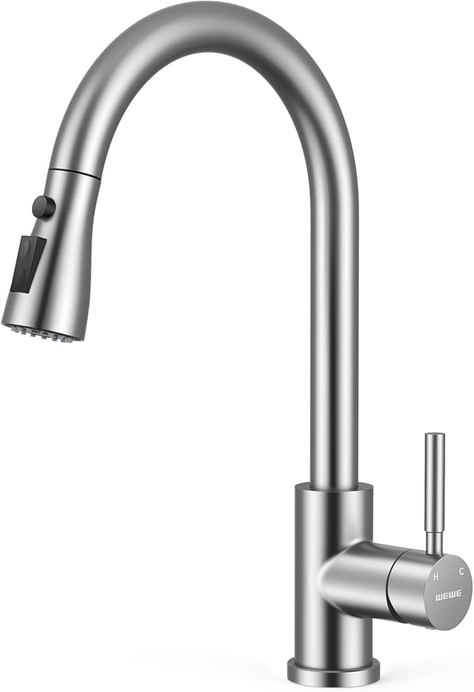 WEWE Kitchen Faucets with Pull Down Sprayer, Leak-Proof Stainless Steel Lead-Free Single Handle 1 Hole for Family Kitchen Commercial Camper Laundry Rv Bar, Brushed Nickel Bar Sink Faucet