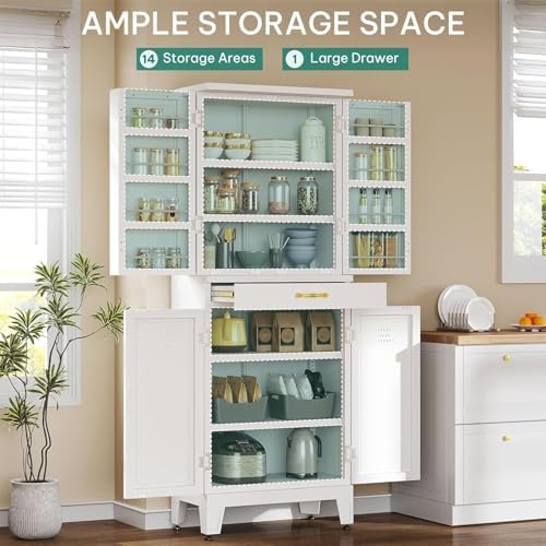 YITAHOME 71" Metal Pantry Cabinet with Drawer, Shelves & Door Racks, White