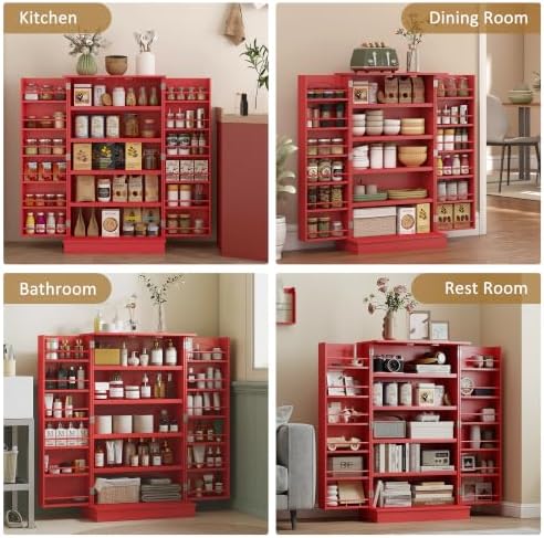 HOMCOM 41" Kitchen Pantry Storage Cabinet 12 Door Shelves Red