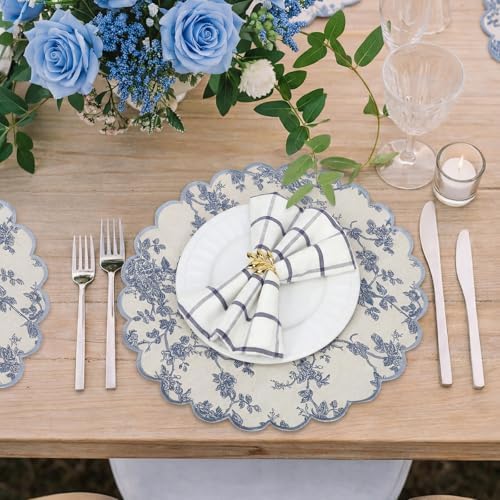 Set of 24 Blue Cotton Placemats 15" Round Scalloped Navy Blue