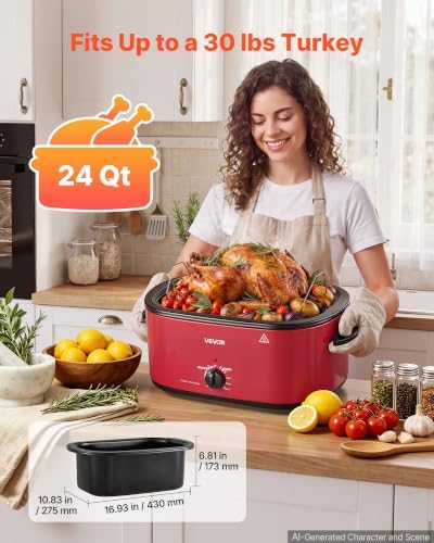 VEVOR Electric Roaster Oven, 24 Qt, Turkey Roasting Pan, Red, Viewing Lid