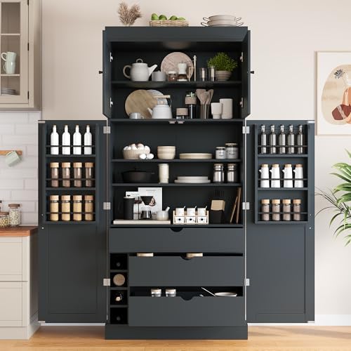 Merax 77''Tall Freestanding Kitchen Pantry,Farmhouse Tall Storage Cabinet with 2 Standard Plugs and 2 USB Ports,Wood Food Pantry with Adjustable Shelves,Door Shelves, Drawers and Wine Racks,Grey