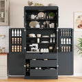 Merax 77''Tall Freestanding Kitchen Pantry,Farmhouse Tall Storage Cabinet with 2 Standard Plugs and 2 USB Ports,Wood Food Pantry with Adjustable Shelves,Door Shelves, Drawers and Wine Racks,Grey