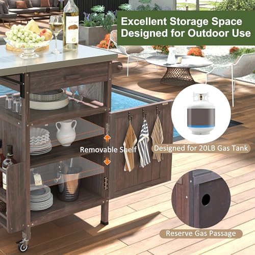Outdoor Grill Cart with Stainless Steel Top, Solid Wood Prep Table