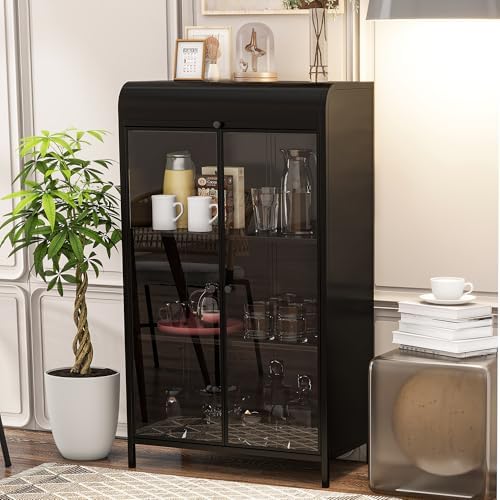 KEIKI 47.6" Tall Kitchen Pantry, Modern 4-Tier Sideboard Buffet Cabinet with Figured Glass Doors & Flip Top & Open Shelves, Industrial Metal Organizer for Living Room & Kitchen