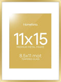 Homeforia 11x15 Picture Frame Gold, High End Metal 11x15 Poster Frames with Mat for 8.5x11, 11 x 15 Gold Frames Matted to 8.5 x 11 inch Photo, 11by15 Hanging Frames, Tempered Glass, Wall Kit, Set of 1