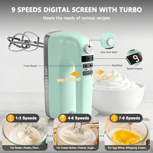 Lord Eagle 9-Speed Digital Hand Mixer Electric Handheld, 500W DC Motor