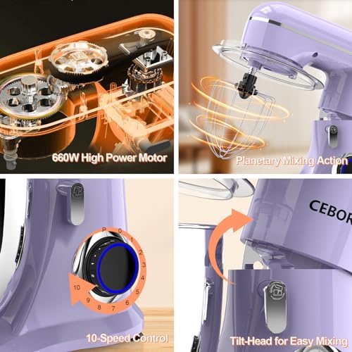 CEBORY 3-IN-1 Electric Stand Mixer, 6.5QT Bowl 660W 10-Speed Kitchen Mixer, Household Food Mixers include Dough Hook, Beater and Whisk, Bread Cake Mixer for Baking and Most Home Cooks, Purple